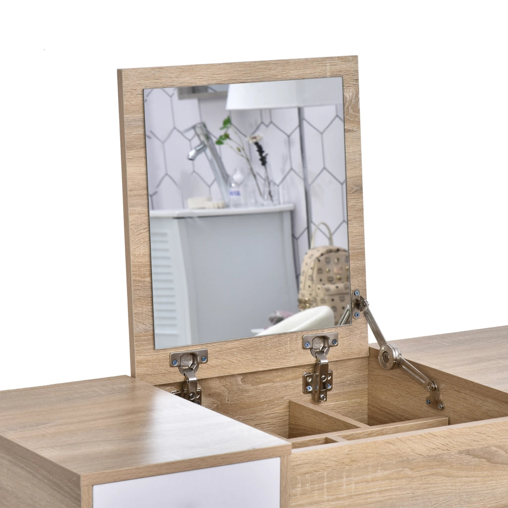 Tocador con specchio abatibile e sgabello imbottito ¨C zephmum ¨C colore naturale 100x45x118 cm