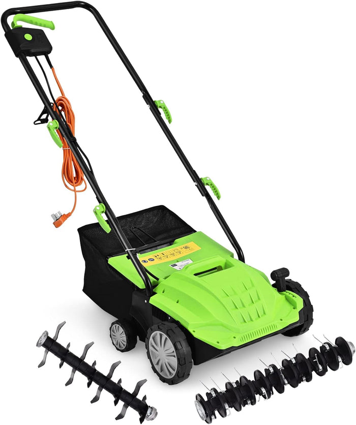Scarificatore 2 In-1 per Prato, Arieggiatore Elettrico con Sacco Raccoglitore da 30L, Larghezza 32cm, con 3 Posizioni Regolabili, Scarificatore 1500W per Giardino Cortile (32 cm, Verde)