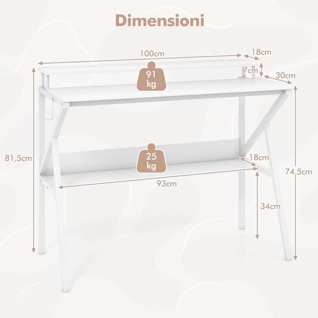 Scrivania Salvaspazio per Computer, Scrivania con Struttura Metallica, Supporto per Monitor, Gancio Pendente e Ripiano, Scrivania Versatile a Forma di R per Ufficio e Casa
