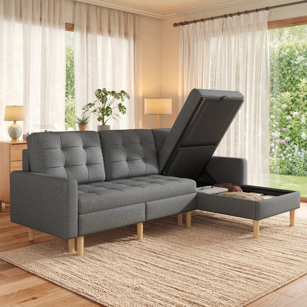 Divano angolare reversibile con chaise longue e doppio vano contenitore in tessuto grigio 212 × 130 × 86 cm