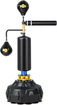 Bersaglio Boxe Multifunzionale da Terra, Sacco da Boxe con Asta Rotante a 360°Autonoma con 2 Palle, Altezza Regolabile e Base Riempibile, per Casa o Palestra