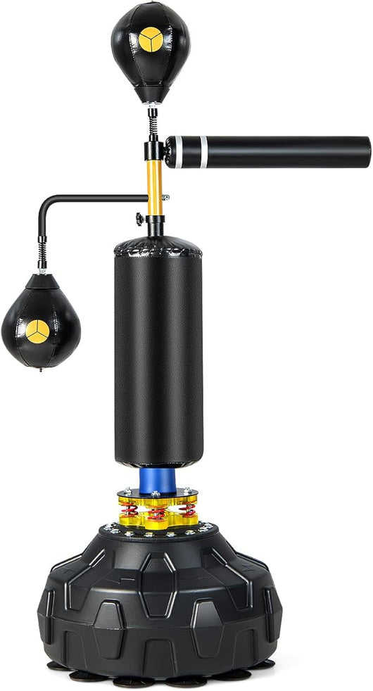 Bersaglio Boxe Multifunzionale da Terra, Sacco da Boxe con Asta Rotante a 360°Autonoma con 2 Palle, Altezza Regolabile e Base Riempibile, per Casa o Palestra