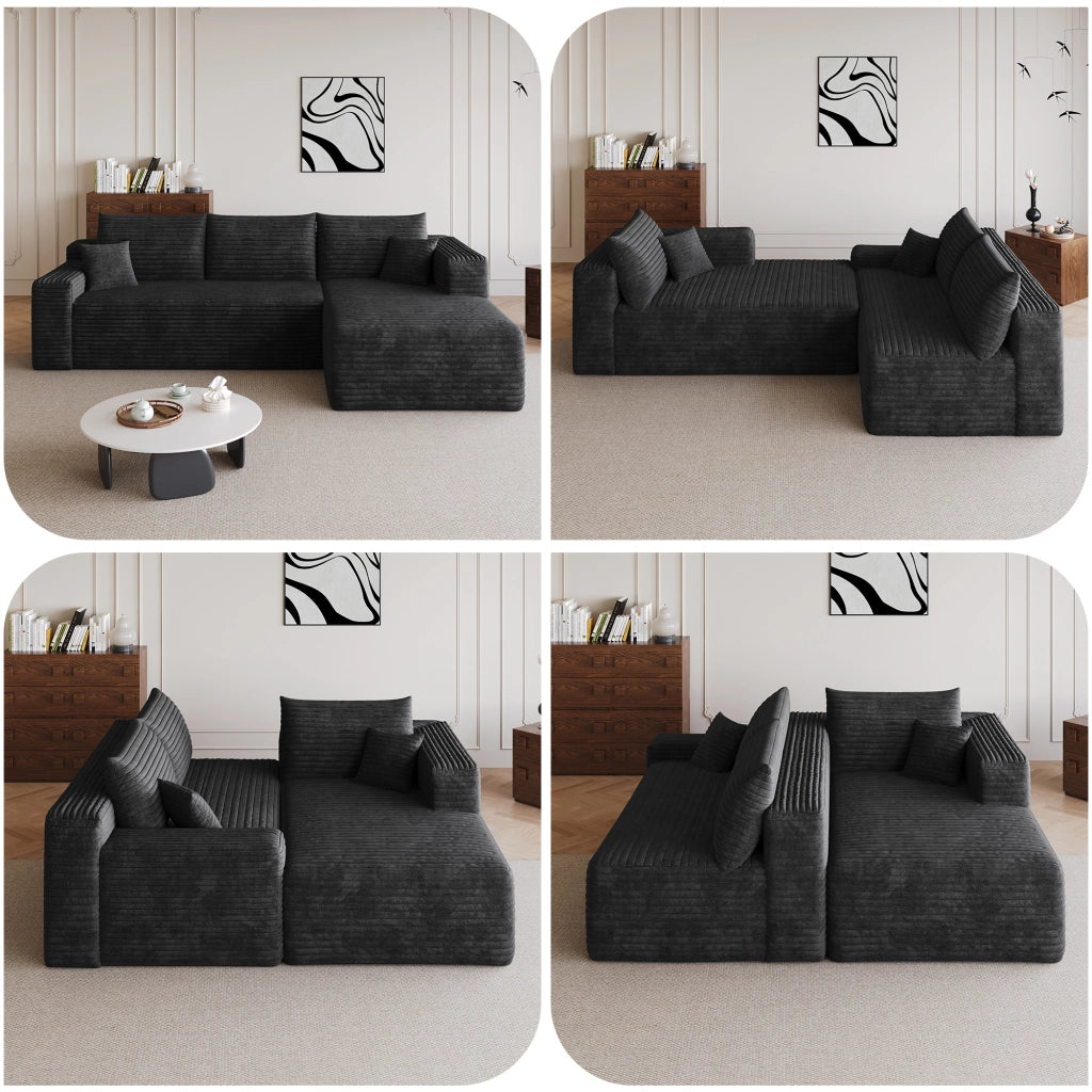 Divano angolare in tessuto a coste con seduta profonda e montaggio rapido per soggiorno nero 241 × 151 × 58 cm