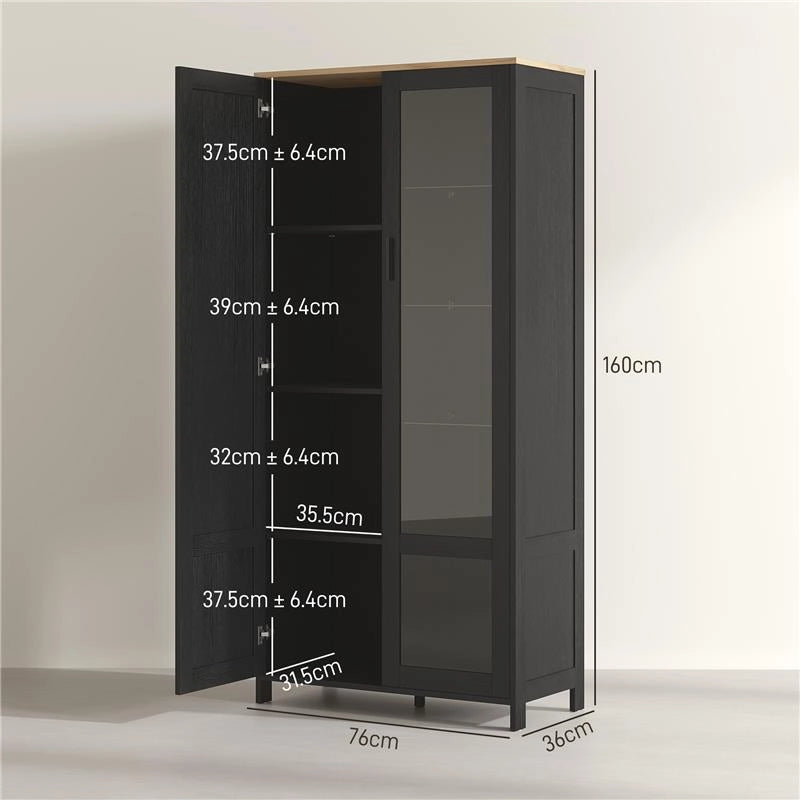 MOBILE DISPENSA CUCINA IN LEGNO A 9 RIPIANI REGOLABILI CON ANTE IN VETRO 76X36X160 CM NERO E COLOR LEGNO