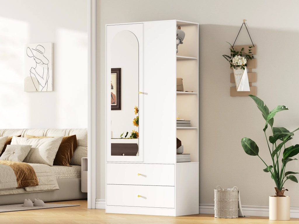 Armadio con specchio e 1 anta, 2 cassetti e 4 ripiani in MDF per camera da letto, bianco, 80 × 40 × 180 cm