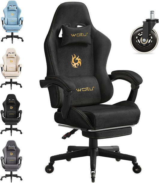 Sedia da gaming, Sedia Gaming Ergonomica con Ruote Silenziose, Altezza e Inclinazione Regolabile, con Braccioli Sincronizzati e Poggiapiedi, in Tessuto Scamosciato, Blu