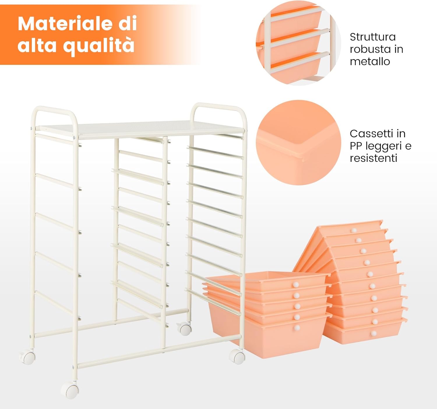 Carrello con 15 Cassetti Impilabili, Carrello di Stoccaggio con Ruote, Carello Portaoggetti per Casa e Ufficio, 62,5 x 37 x 87 cm (Arancia)