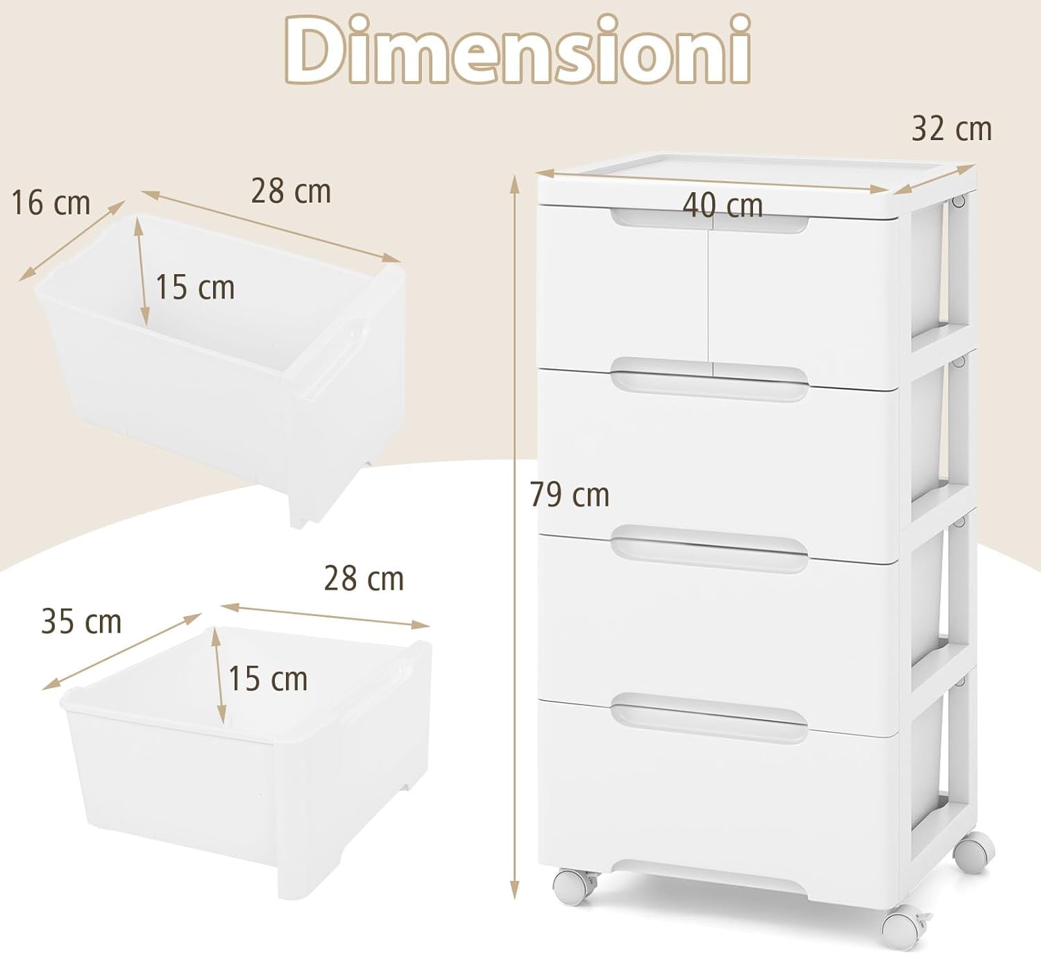 Carrello di Stoccaggio con Ruote, Cassettiera Verticale con Cassetti, Armadietto Contenitore di Stoccaggio, Organizzatore di Plastica per Casa Ufficio (4 cassetti)