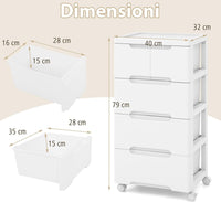 Carrello di Stoccaggio con Ruote, Cassettiera Verticale con Cassetti, Armadietto Contenitore di Stoccaggio, Organizzatore di Plastica per Casa Ufficio (4 cassetti)