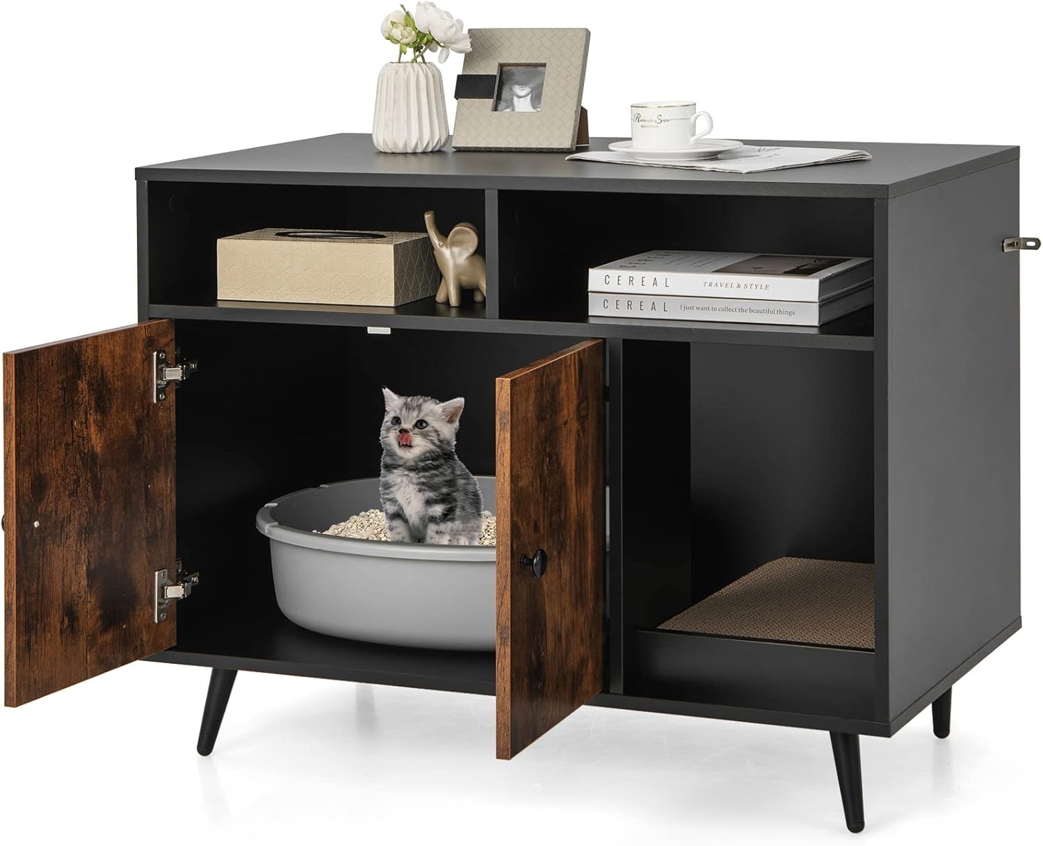 Mobile per Lettiera Gatti con Tira graffi, Gambe Inclinate in Metallo e 2 Ripiani per Riporre gli Oggetti, Casetta in Legno da Interno per Gattini e Gatti Grandi, 90 x 50 x 69 cm