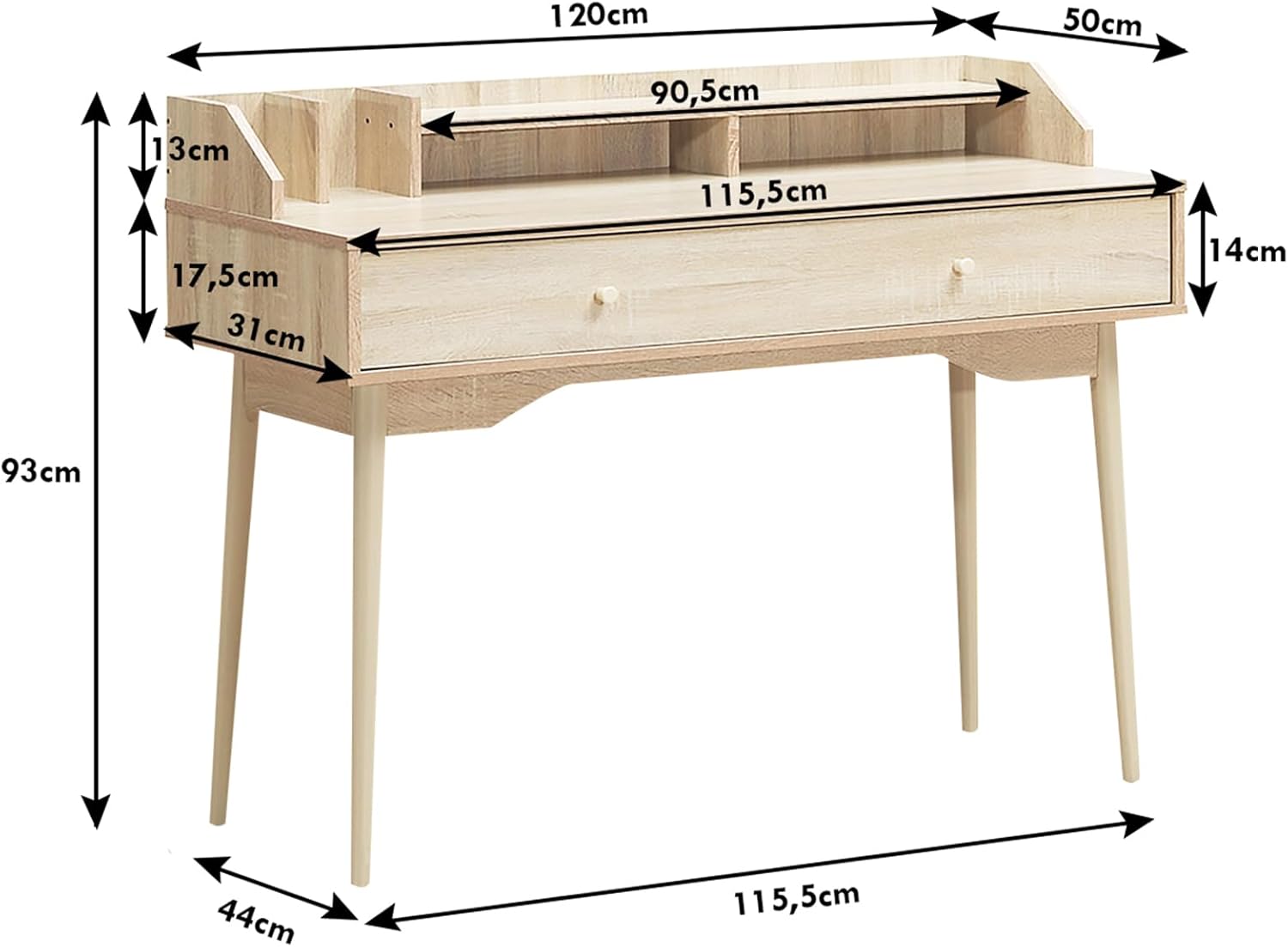 Scrivania con Cassetto, Tavolo per Casa e Ufficio con Gambe Resistenti in Legno di Gomma e 2 Scompartimenti, Ideale per Salone Studio Camera da Letto, 120 x 50 x 93 cm (Naturale)