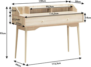 Scrivania con Cassetto, Tavolo per Casa e Ufficio con Gambe Resistenti in Legno di Gomma e 2 Scompartimenti, Ideale per Salone Studio Camera da Letto, 120 x 50 x 93 cm (Naturale)
