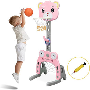 Canestro da Basket, Centro Attività 3 in 1 per Bambini, Canestro da Basket con Porta da Calcio e Gioco degli Anelli, Set Basket e Calcio a Forma di Orso, Ideale per Bambini (Rosa)