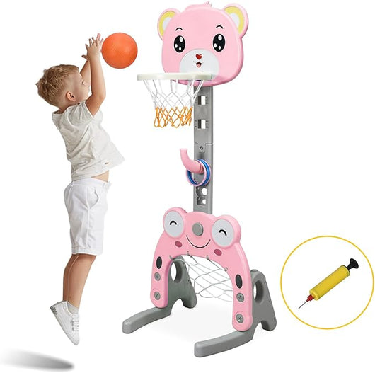 Canestro da Basket, Centro Attività 3 in 1 per Bambini, Canestro da Basket con Porta da Calcio e Gioco degli Anelli, Set Basket e Calcio a Forma di Orso, Ideale per Bambini (Rosa)