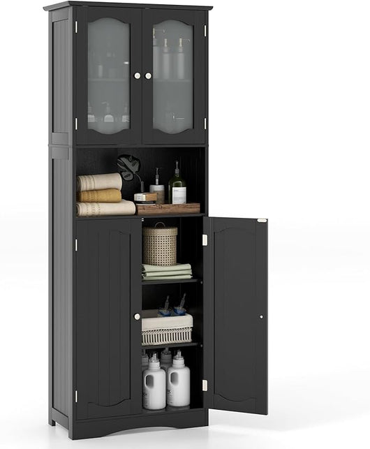 Armadietto Salvaspazio 60 x 30 x 164cm, Mobile Bagno con Scomparti Aperti, Ripiani Regolabili e 2 Porte in Vetro Temprato, Armadio da Bagno per Ufficio, Soggiorno e Camera da Letto (Nero)