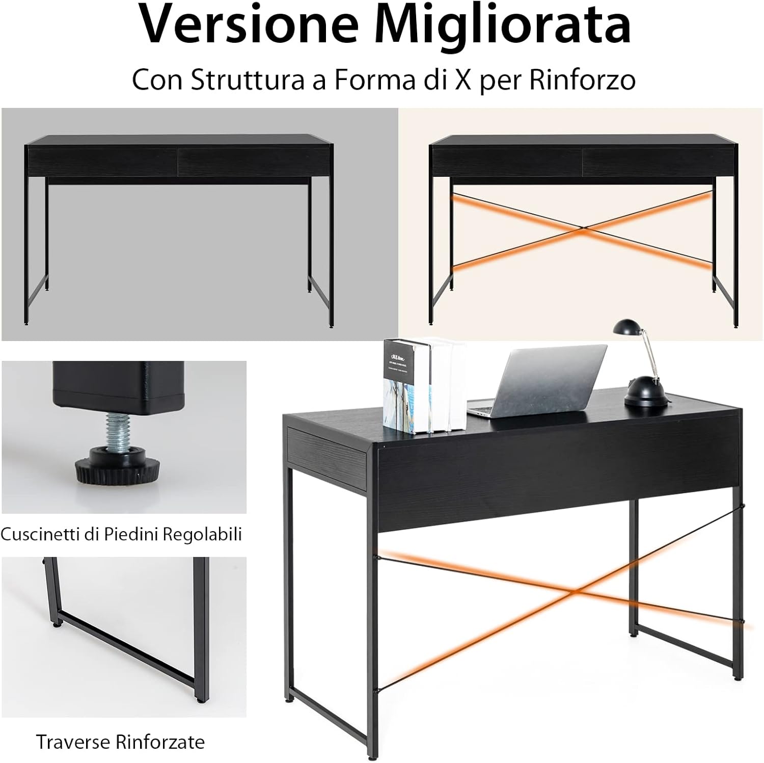 Scrivania per Computer con 2 Cassetti, Scrivania Porta PC con Telaio in Metallo e Legno, Posizione da Lavoro per Studio e Ufficio, Portata 100 kg, 112 x 48 x 76 cm (Nero)