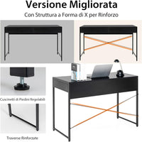 Scrivania per Computer con 2 Cassetti, Scrivania Porta PC con Telaio in Metallo e Legno, Posizione da Lavoro per Studio e Ufficio, Portata 100 kg, 112 x 48 x 76 cm (Nero)