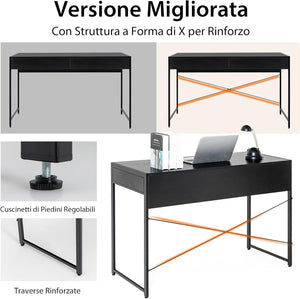 Scrivania per Computer con 2 Cassetti, Scrivania Porta PC con Telaio in Metallo e Legno, Posizione da Lavoro per Studio e Ufficio, Portata 100 kg, 112 x 48 x 76 cm (Nero)