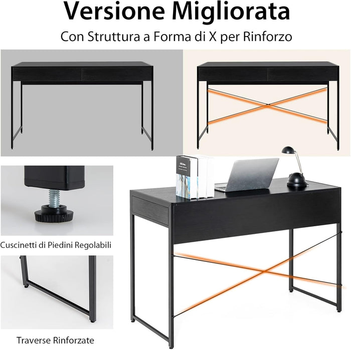Scrivania per Computer con 2 Cassetti, Scrivania Porta PC con Telaio in Metallo e Legno, Posizione da Lavoro per Studio e Ufficio, Portata 100 kg, 112 x 48 x 76 cm (Nero)