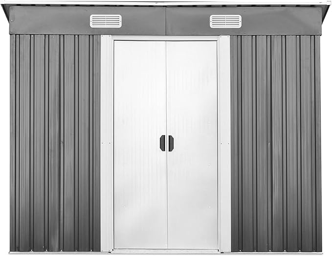 Casetta da Giardino Porta Attrezzi in Lamiera Acciaio Zincato, con Sfoghi, Ante Scorrevoli e Maniglie, Capanno da Esterno per Cortile, Giardino e Fattoria, 238 x 131 x 181 cm