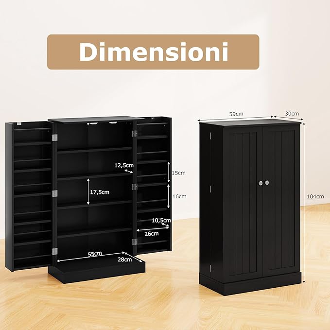 Armadietto Dispensa Alto 104 cm, Mobiletto da Cucina con Ante e Ripiani Regolabili, Credenza Autoportante per Sala da Pranzo, Soggiorno, Camere da Letto, 59 x 30 x 104 cm (Nero)
