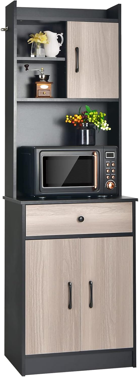 Mobile Cucina con 3 Ante e Credenza, Dispensa Cucina con Cassetto, con Foro per Cavi e Ripiani Regolabili, Ampio Spazio Aperto per Microonde, 60 x 40 x 180 cm (Nero)