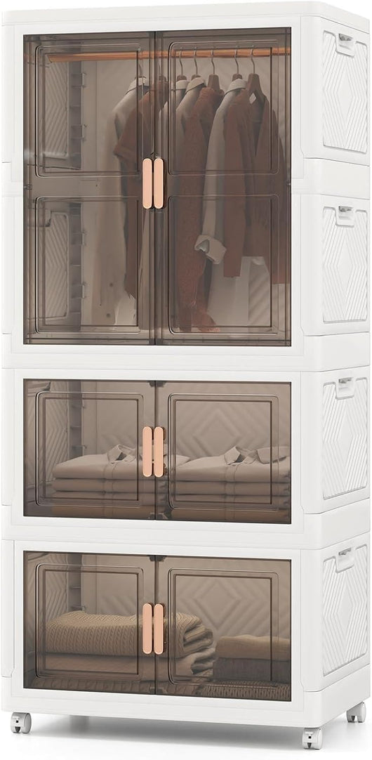 Armadio Appendiabiti Guardaroba Pieghevole su 3 Livelli, Armadietti in Plastica con Ruote e Coperchio, Scatole Contenitori di Stoccaggio Impilabili con Ante, per Soggiorno e Camera da Letto