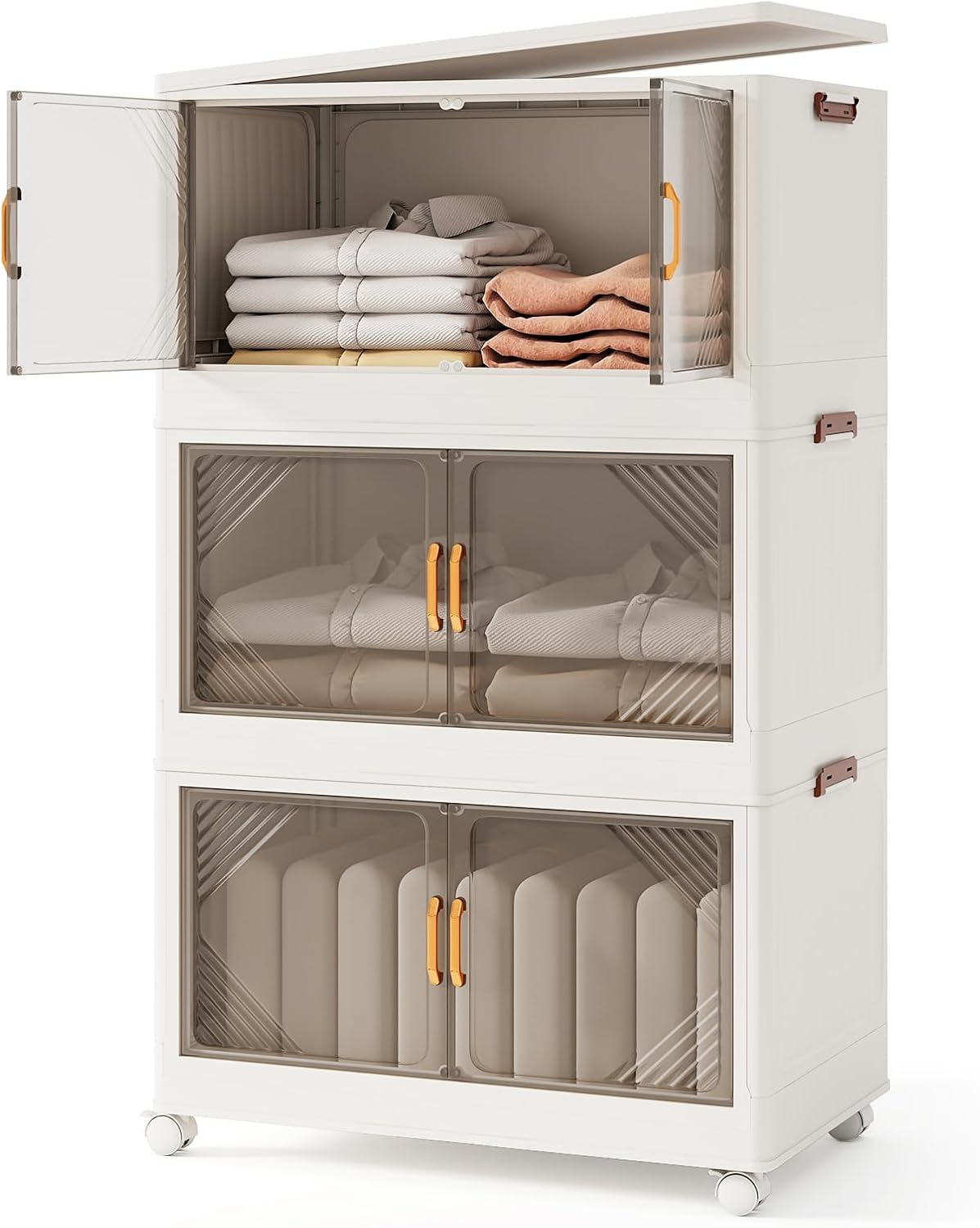 Contenitori da Stoccaggio Pieghevoli con Coperchio da 213/284 L, Scatole Impilabili a 3/4 Piani con Ruote, Organizzatore Pieghevole con Porte per Camera da Letto Soggiorno (65 x 39 x 109 cm)