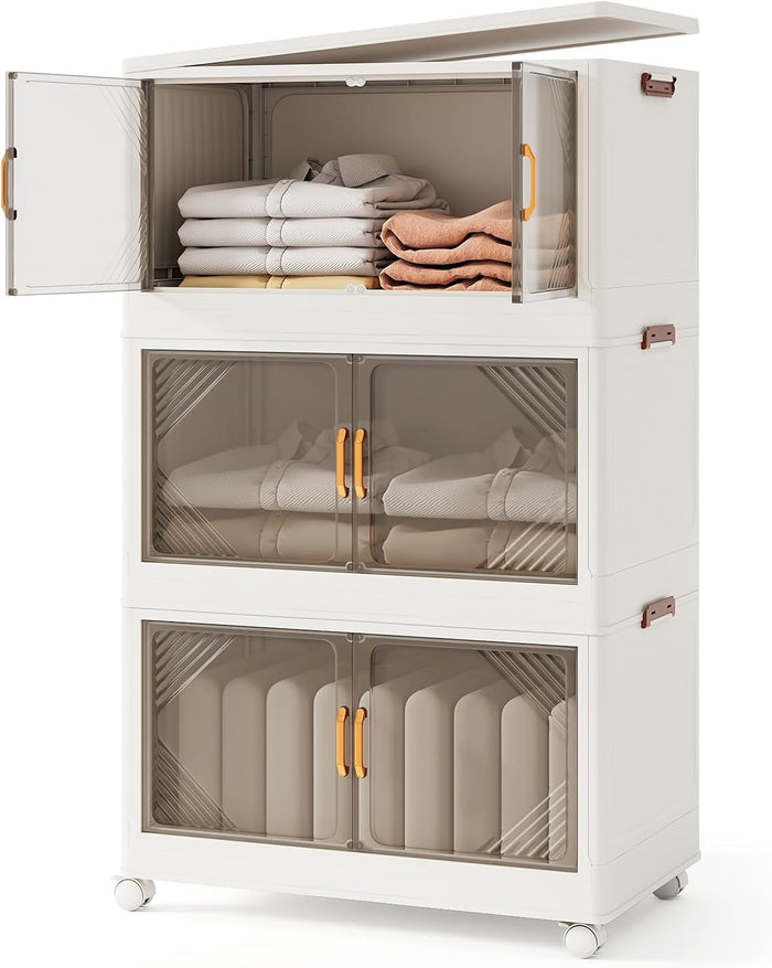 Contenitori da Stoccaggio Pieghevoli con Coperchio da 213/284 L, Scatole Impilabili a 3/4 Piani con Ruote, Organizzatore Pieghevole con Porte per Camera da Letto Soggiorno (65 x 39 x 109 cm)