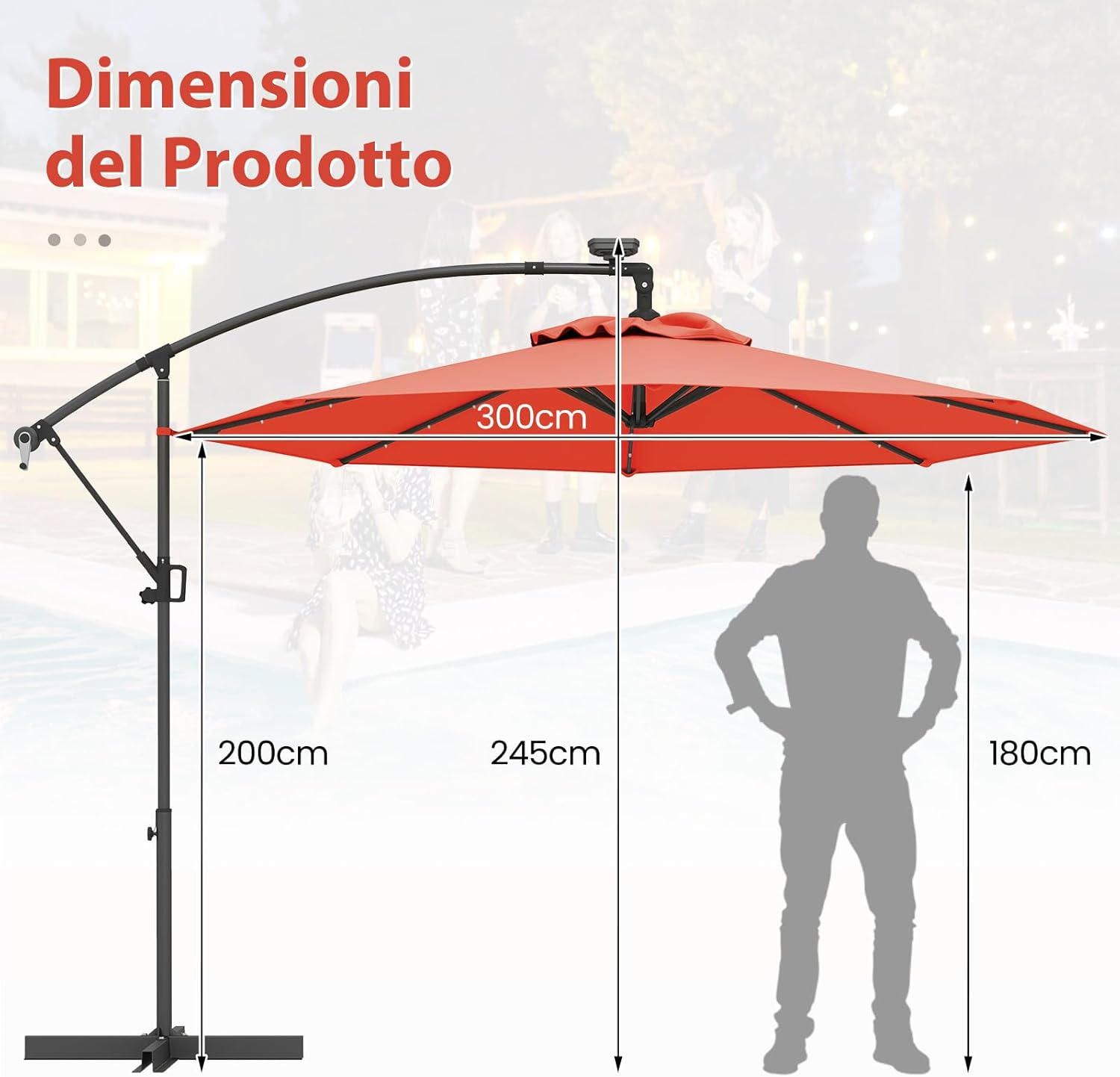 Ombrellone da Giardino ∅300 cm con 32 Luci LED, Ombrellone Prendisole con Rotazione di 360°, Inclinazione Regolabile, 8 Stecche, Manovella, per Giardino Piscina Cortile (Arancione)