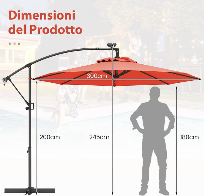 Ombrellone da Giardino ∅300 cm con 32 Luci LED, Ombrellone Prendisole con Rotazione di 360°, Inclinazione Regolabile, 8 Stecche, Manovella, per Giardino Piscina Cortile (Arancione)