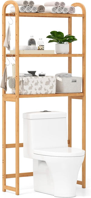 Scaffale Bagno Salvaspazio 71,5 x 25 x 166 cm, Mobile Sopra Lavatrice in Bambù a 3 Livelli con Ripiani a 5 Posizioni, 3 Ganci e Barra Inferiore, Porta Piante da Interno e Esterno