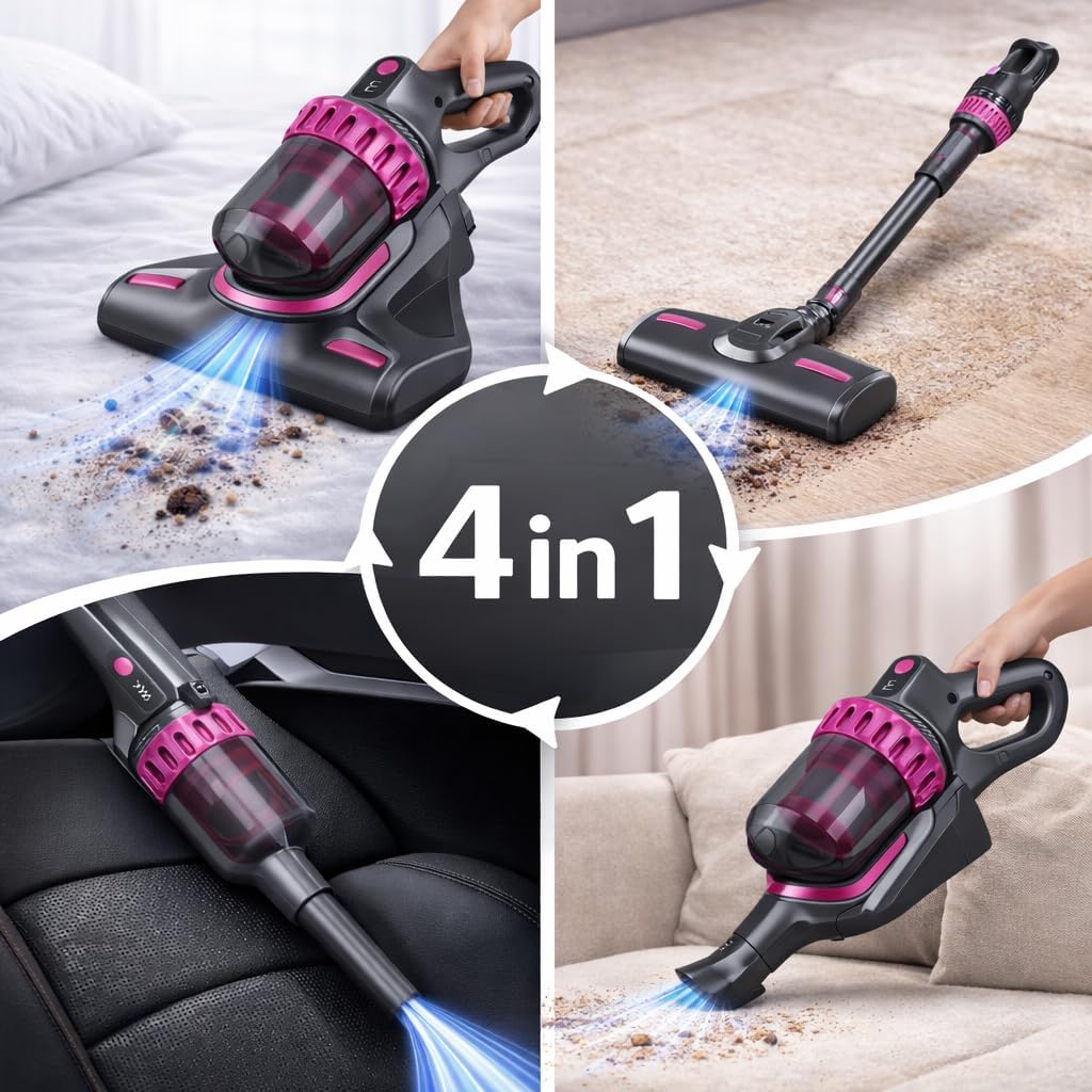Aspirapolvere Senza Fili 4 in 1 Ricaricabile 100W, Scopa Elettrica Wireless Senza Sacco con Luce UV-C Antiacaro, Display LCD, 3 Velocità, Filtro EPA Lavabile, Autonomia 45 Min, Accessori Inclusi.