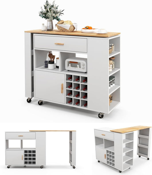 2 in 1 Carrello da Cucina, Carrello di Servizio Reversibile con Piano in Legno di Gomma, Ripiano Regolabile Porta Calici per 12 Bottiglie, 120x40x100 cm