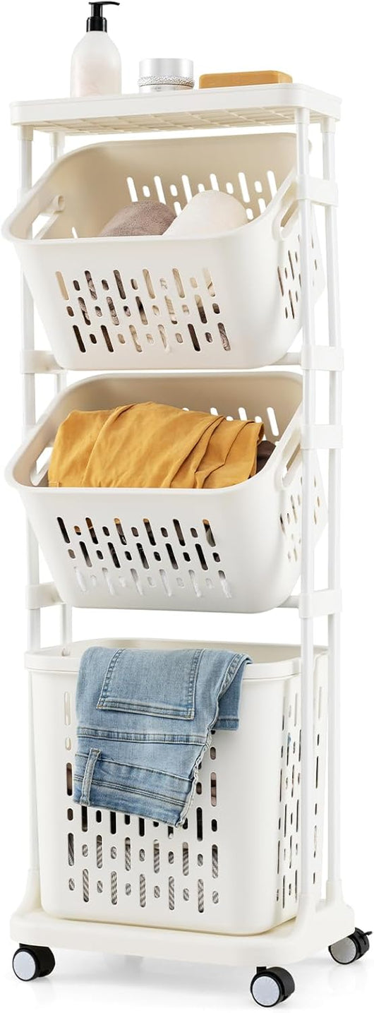 Carrello per Lavanderia a 3 Ripiani, Organizzatore per Bucato con 4 Ruote Girevoli e 3 Cestini, Carrello Sottile Multiuso per Bagno Lavanderia, 40 x 30 x 112 cm