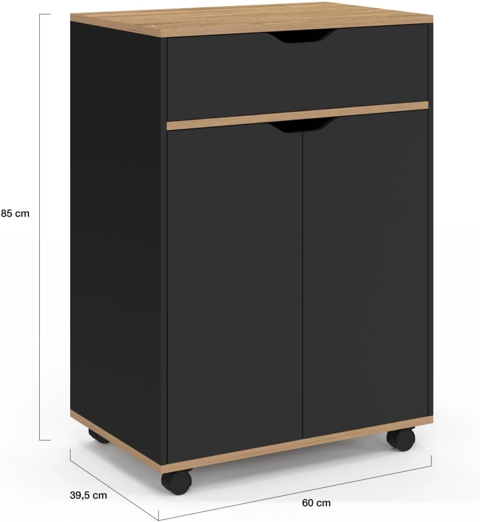 Credenza COSY con cassetto in legno nero e ripiani in faggio L.60 CM