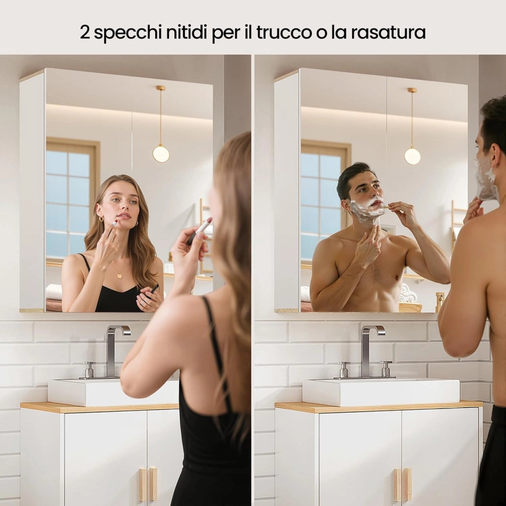 Armadietto da Bagno Pensile, Specchio Contenitore con 2 Ripiani Interni Regolabili, Mobile Sospeso da Bagno Salvaspazio con 2 Ante, Mobiletto Bianco e Rovere 60x20x75cm
