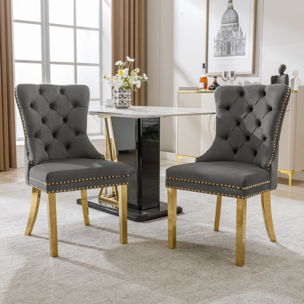 OKWISH Lot de 2 Sedie da Pranzo, con Anello Rotondo sullo Schienale, Borchie Decorative e Piedini Regolabili, Velluto Grigio