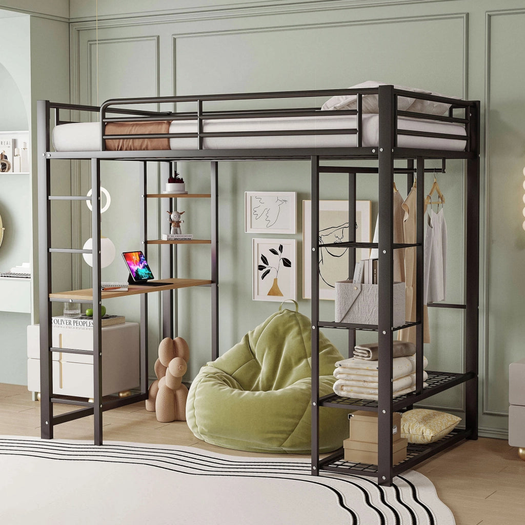 Letto a castello singolo nero con funzione di scrivania e contenitori in metallo 90x200 cm