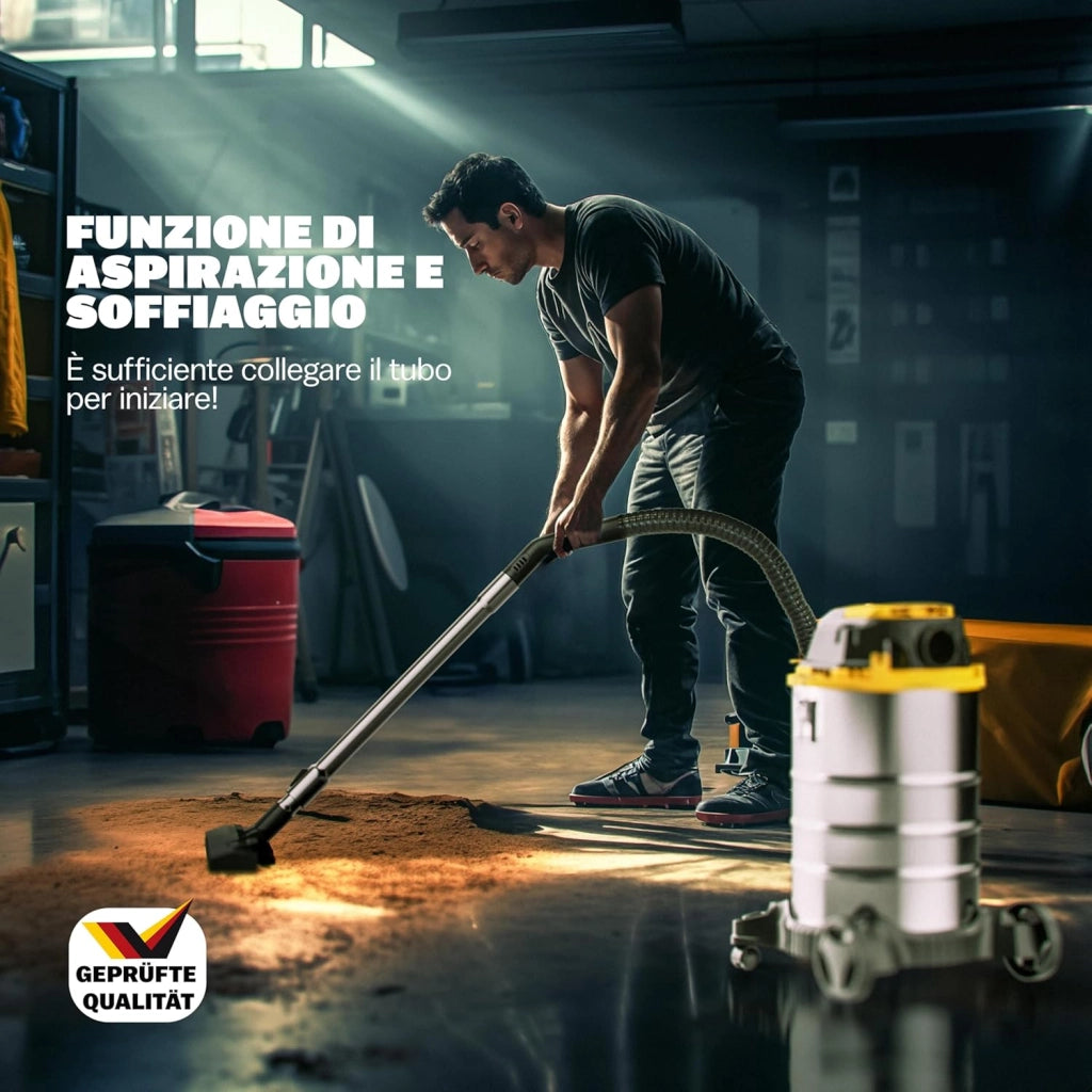 ® Aspirapolvere Liquidi Solidi 30L 2200W Presa Certificata GS Raggio 9m Aspiratore Secco Umido Industriale Acciaio Inox con Funzione di Soffiaggio