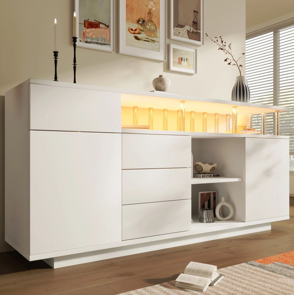 Sideboard bianco 160x40x75 cm con LED, 4 cassetti e 2 ante
