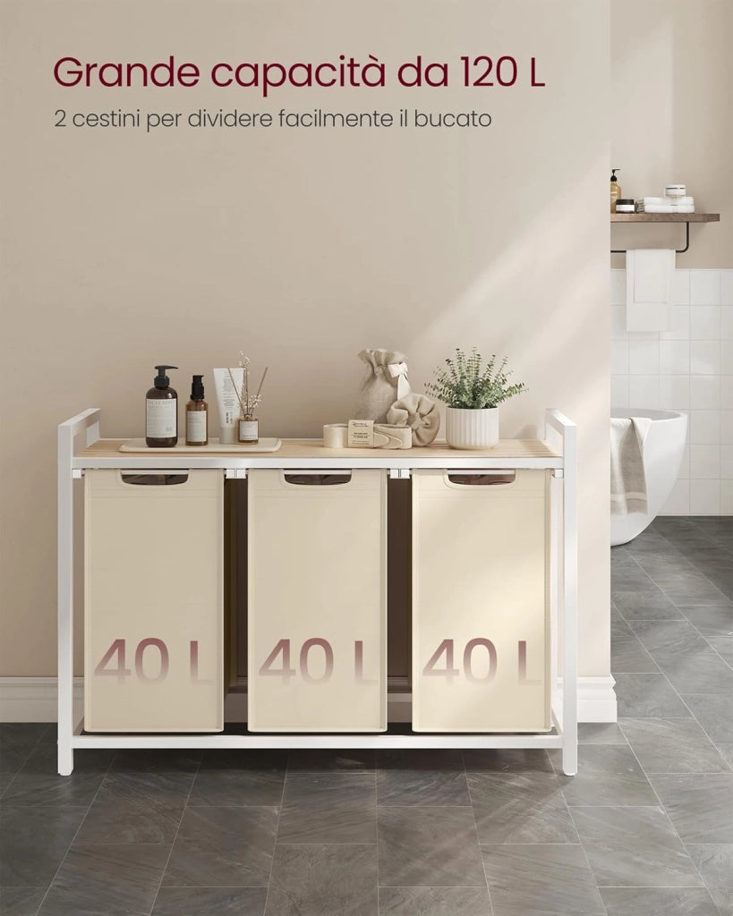 VASAGLE Cesto Portabiancheria, Porta Biancheria, 3 Sacchi in Tessuto Rimovibili, Piano d’Appoggio, Metallo, 3 x 40 L, 92,5 x 33 x 72 cm, Beige Cappuccino e Beige Naturale BLH301LH01