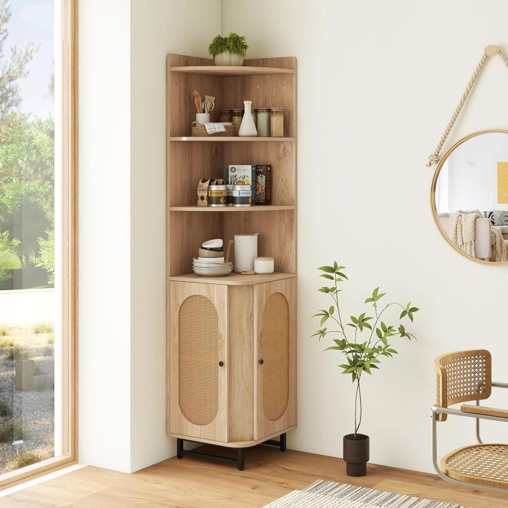 Armadietto in Legno ad Angolo Alto 172 cm con 4 Ripiani Aperti, Libreria Angolare con 2 Ante in Rattan PE e Ripiano Regolabile, Scaffale Mensola Salvaspazio per Soggiorno, Bagno e Cucina