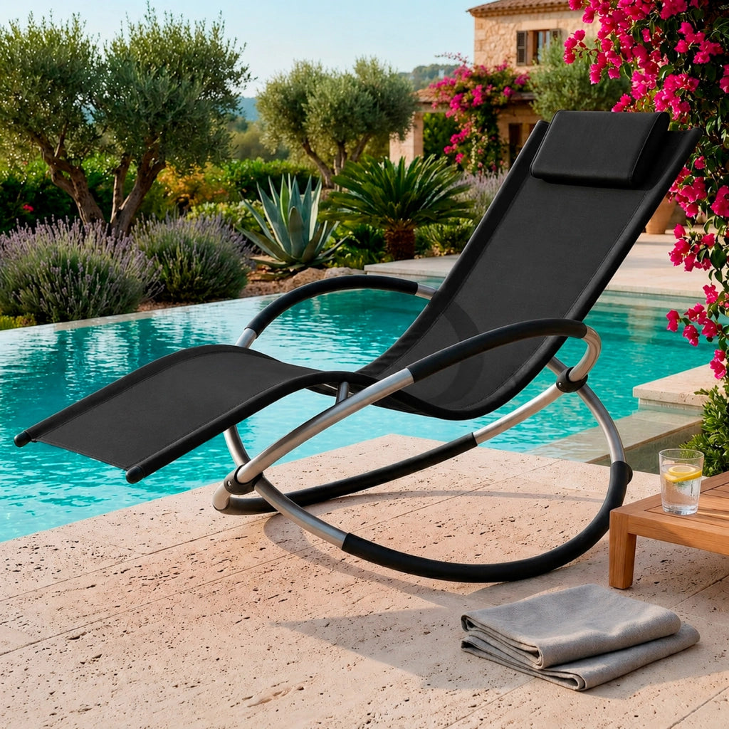Dondolo Reclinabile Da Giardino Con Poggiatesta Removibile In Textilene Traspirante Telaio Metallo Relax Outdoor 73 x 150 x 93 Cm Nero