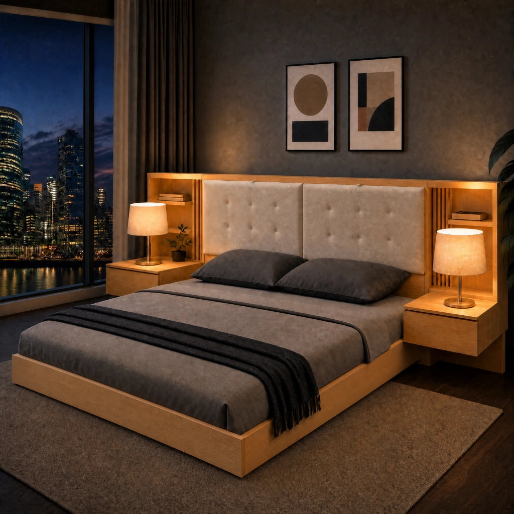 Letto flottante con testiera contenitore, USB e cassetti, 180x200 cm