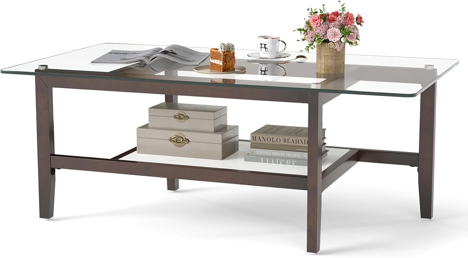 Tavolino da Caffè in Vetro, Tavolino Rettangolare a 2 Livelli con Ripiano e Gambe in Legno di Gomma, Tavolo Moderno per Soggiorno, Casa e Ufficio, 107 x 60 x 42 cm