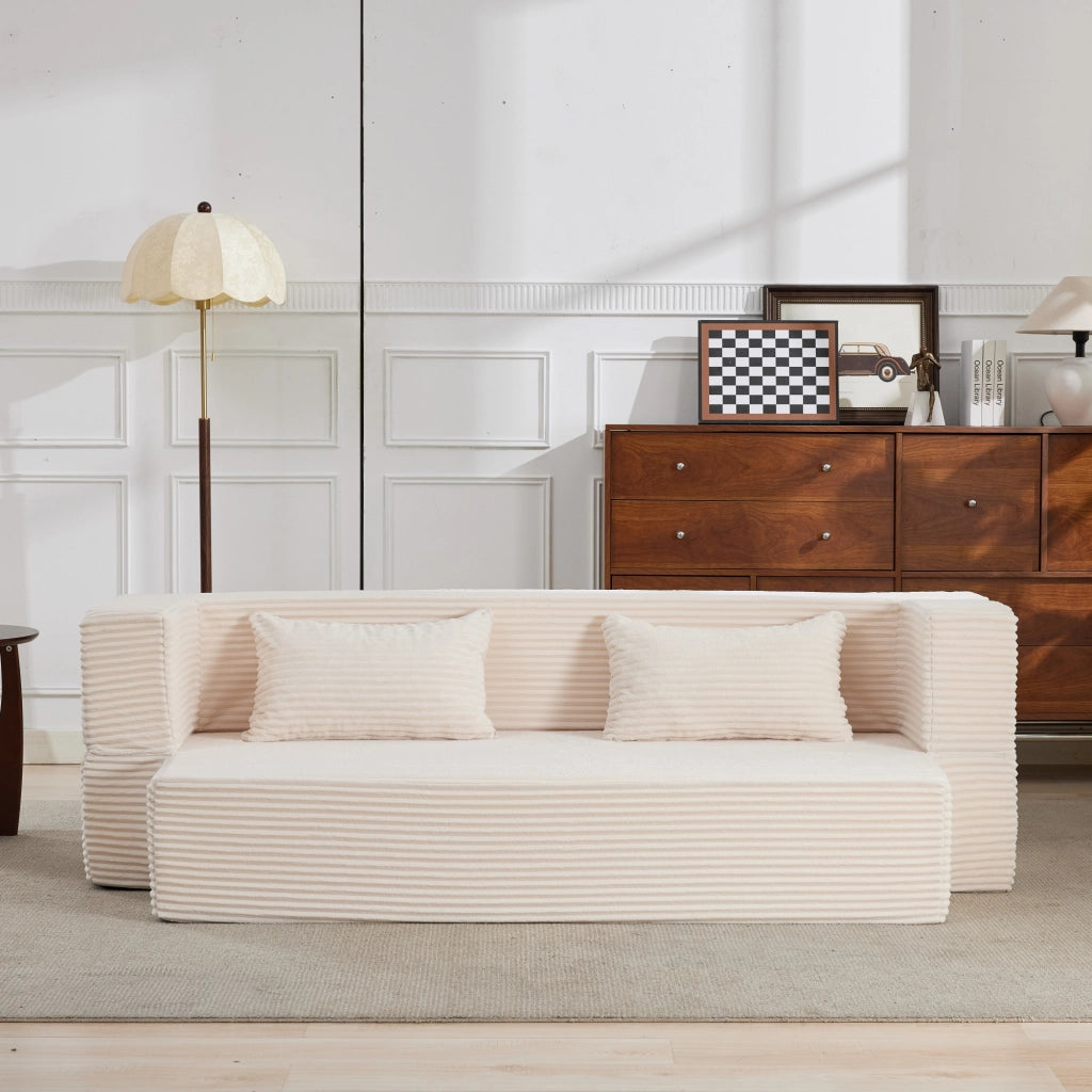 Divano letto modulare a terra 3 posti in tessuto a coste con funzione letto e 2 cuscini, senza montaggio, beige