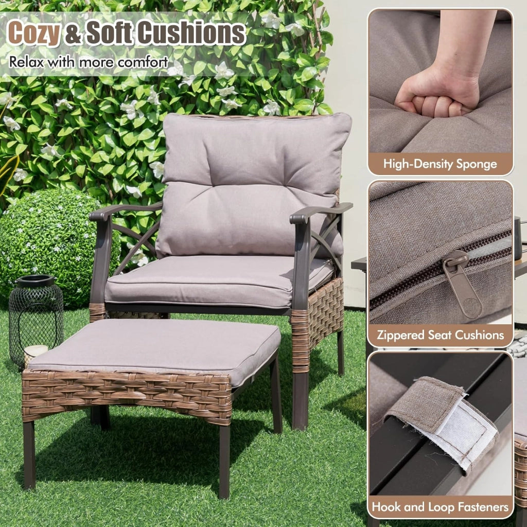 Set di mobili da giardino in rattan, per balconi, balconi, terrazze, 2 poltrone con sgabello, con cuscino, set di mobili da balcone per 2 persone (Marrone)