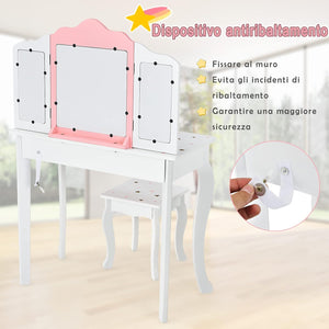 Toeletta Trucco 2 in 1 per Bambina Staccabile, Specchiera per Ragazza in Legno con Giocattoli, Sgabello e Cassetto, Postazione Trucco per Cameretta e Cmera da Letto, 3 Anni 70x35x104cm(Bianco)
