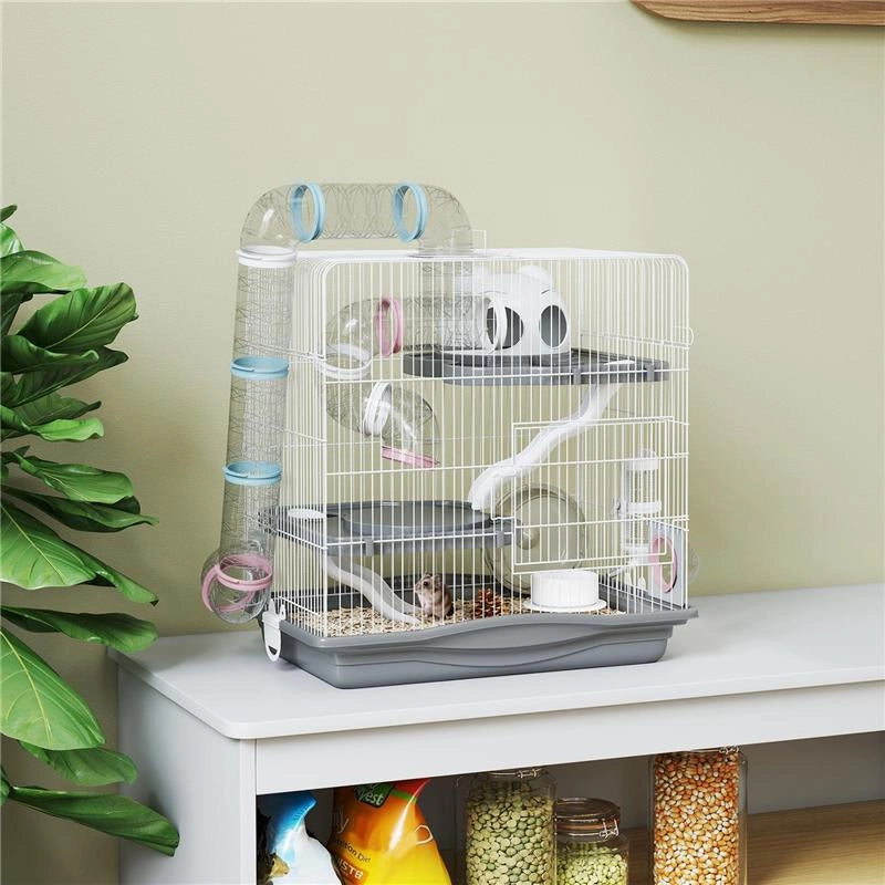 GABBIA PER CRICETI A 3 LIVELLI E 14 TUBI CON CASETTA, RAMPA, E ACCESSORI, IN METALLO E PLASTICA, 45X30X45 CM, GRIGIO